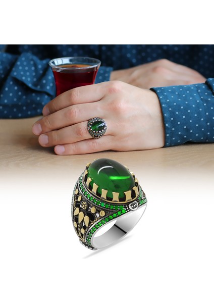Yeşil Zirkon Taşlı Oval Tasarım 925 Ayar Gümüş Erkek Yüzük fiyatları