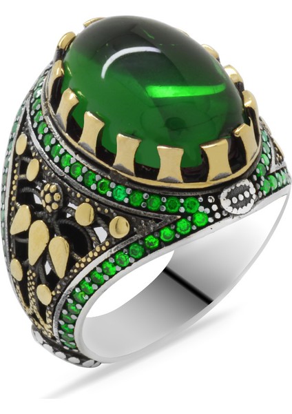 Yeşil Zirkon Taşlı Oval Tasarım 925 Ayar Gümüş Erkek Yüzük