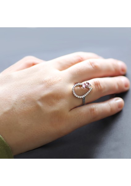 Zirkon Taşlı Pembe Mineli Damla Model Kelebek Tasarım 925 Ayar Gümüş Kadın Yüzük