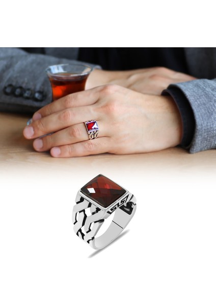Zincir Tasarım Faset Kırmızı Zirkon Taşlı 925 Ayar Gümüş Erkek Yüzük