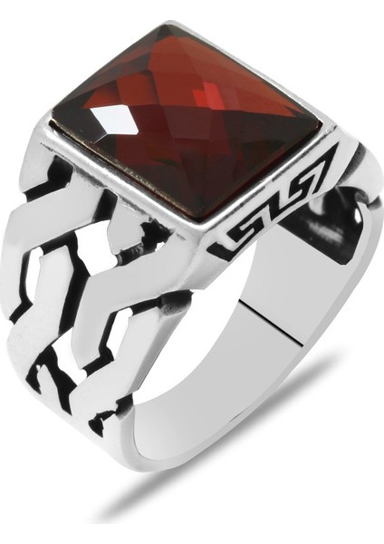 Zincir Tasarım Faset Kırmızı Zirkon Taşlı 925 Ayar Gümüş Erkek Yüzük modelleri