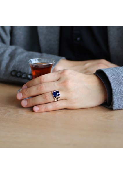 Zincir Tasarım Faset Mavi Zirkon Taşlı 925 Ayar Gümüş Erkek Yüzük fiyatları