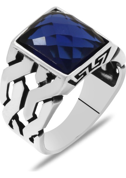 Zincir Tasarım Faset Mavi Zirkon Taşlı 925 Ayar Gümüş Erkek Yüzük