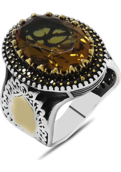 Faset Zultanit Taşlı Yanları Mikro Taş Mıhlamalı 925 Ayar Gümüş Erkek Yüzük modelleri