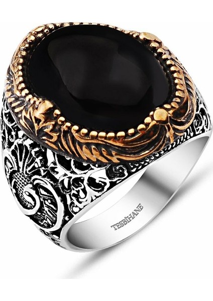 Vav Işlemeli Siyah Oniks Taşlı 925 Ayar Gümüş Erkek Yüzük