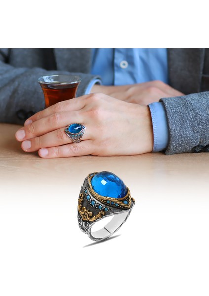 Oval Aqua Zirkon Taşlı Kompakt Tasarım 925 Ayar Gümüş Erkek Yüzük