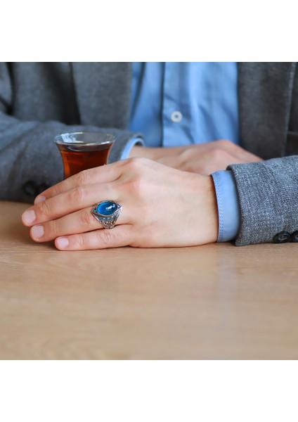 Oval Aqua Zirkon Taşlı Kompakt Tasarım 925 Ayar Gümüş Erkek Yüzük fiyatları