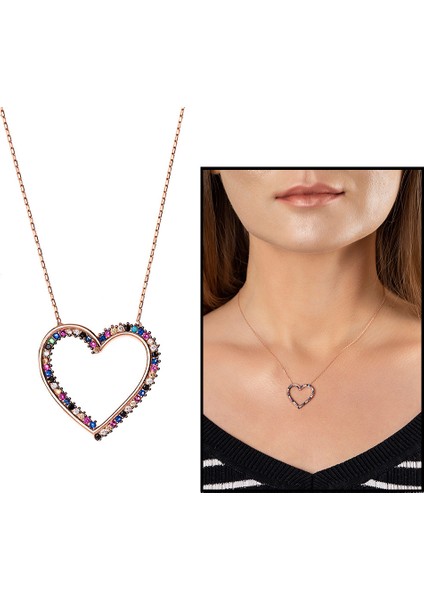 Multicolor Zirkon Taşlı Tasarım Rose Renk 925 Ayar Gümüş Kalp Kolye
