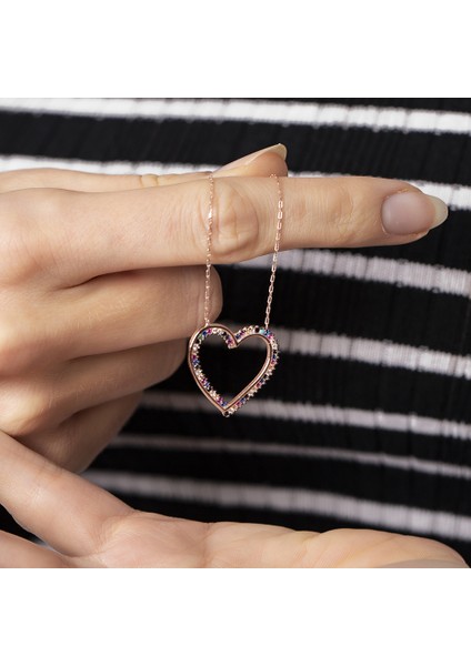 Multicolor Zirkon Taşlı Tasarım Rose Renk 925 Ayar Gümüş Kalp Kolye fırsatları