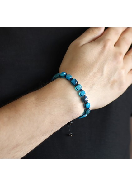 Makrome Örgülü Sıralı Küp Kesim Mavi Akik Doğaltaş Bileklik fiyatları