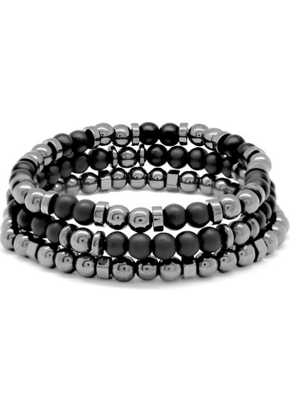 Küre Kesim Siyah Oniks-Hematit Kombinli Doğaltaş Bileklik modelleri