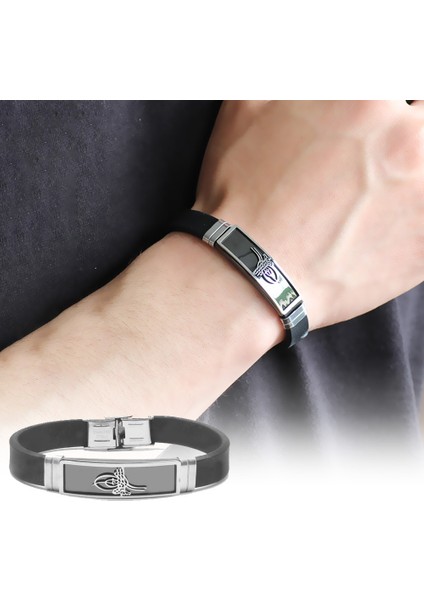 Tuğra Tasarım Siyah Deri-Çelik Kombinli Erkek Bileklik
