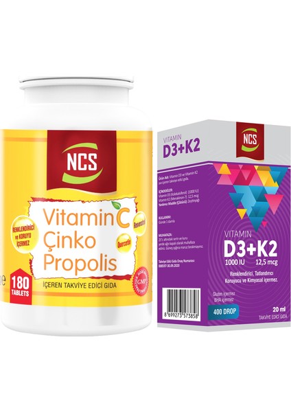 Vitamin C Çinko Propolis 180 Tablet + Vitamin D3+K2 20 ml