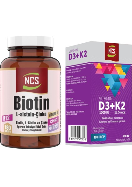 Biotin Çinko B12 2500 Mcg 180 Tablet+Vitamin D3 K2 20 ml