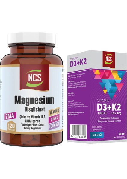 Magnezyum Zma Magnesium Çinko Vitaminb6 Folic Acid 120 Tablet+Vitamin D3 K2 20 ml