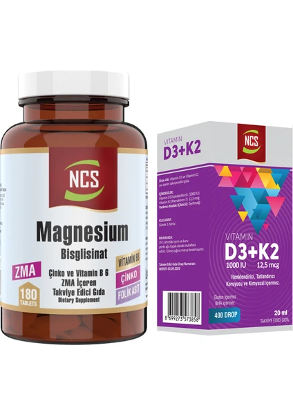 Magnezyum Zma Magnesium Çinko Vitaminb6 Folic Acid 180 Tablet+Vitamin D3 K2 20 ml