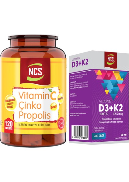 Vitamin D3 K2 20 Ml+Vitamin C Çinko Propolis 120 Tablet