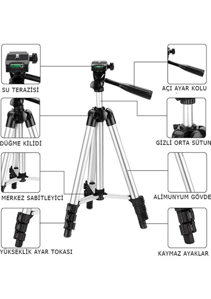 3110 Terazili Tripod Kamera Telefon Tutucu Ayarlanabilir 102Cm Uzunluk Monopod Youtuber