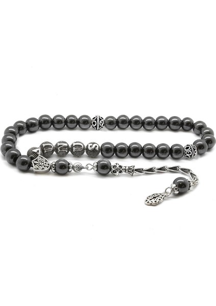 925 Ayar Gümüş Püsküllü Küre Kesim Gümüş Isim Yazılı Hematit Doğaltaş Tesbih