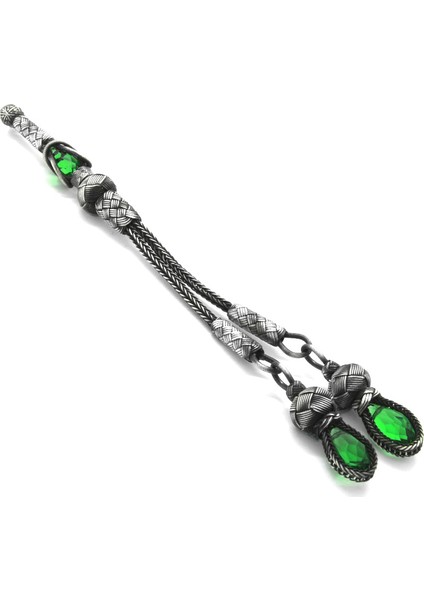 Yeşil Zirkon Taşlı 1000 Ayar Gümüş Kazaz 2li Püskül