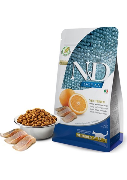 N-D Ocean Ringa Balık-Portakal Tahılsız Kısırlaştırılmış Kedi Maması 1,5 kg