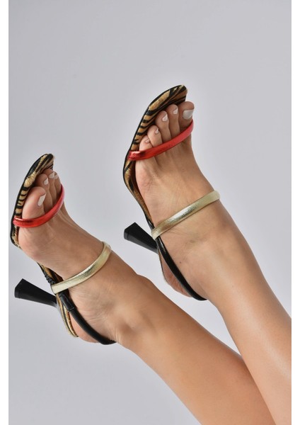 Kırmızı/dore Üç Bantlı Kadın Topuklu Ayakkabı K404070609