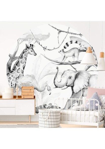Yuvarlak Trapikal Hayvanlar Gri Tonlarda Duvar Sticker (120X120 Cm)