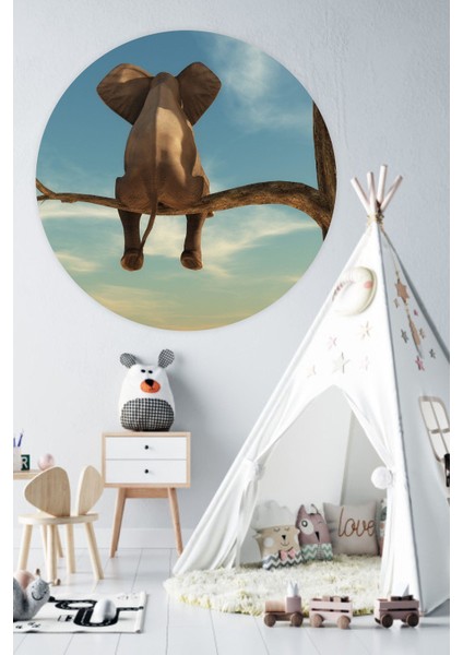 Yuvarlak Dalda Oturan Fil Duvar Sticker (95X95 Cm)