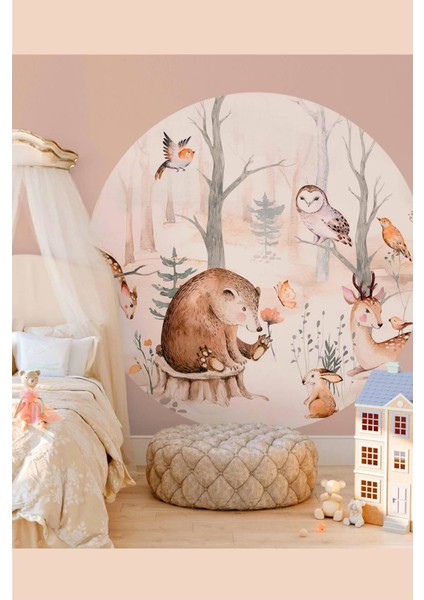 Yuvarlak Ormandaki Sevimli Hayvanlar Soft Renklerde Duvar Sticker (95X95 Cm)