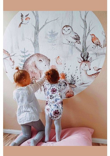 Yuvarlak Ormandaki Sevimli Hayvanlar Soft Renklerde Duvar Sticker (95X95 Cm) fiyatları