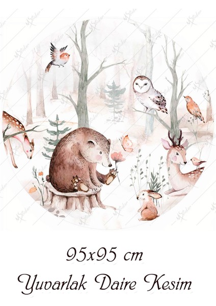 Yuvarlak Ormandaki Sevimli Hayvanlar Soft Renklerde Duvar Sticker (95X95 Cm) modelleri