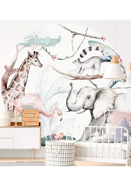 Yuvarlak Ormanda Fil Flamingo Zürafa Sincap ve Ağaçlar Duvar Sticker (95X95 Cm)