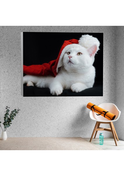 Noel Şapkalı Beyaz Kedi Dekoratif Kanvas Tablo