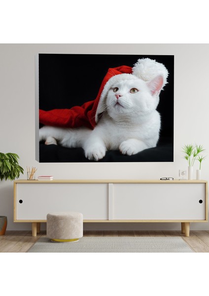 Noel Şapkalı Beyaz Kedi Dekoratif Kanvas Tablo fiyatları