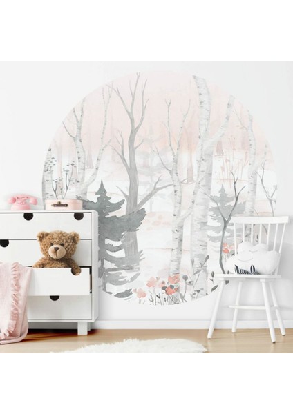 Yuvarlak Soft Renklerde Orman Manzaralı Duvar Sticker (95X95 Cm)