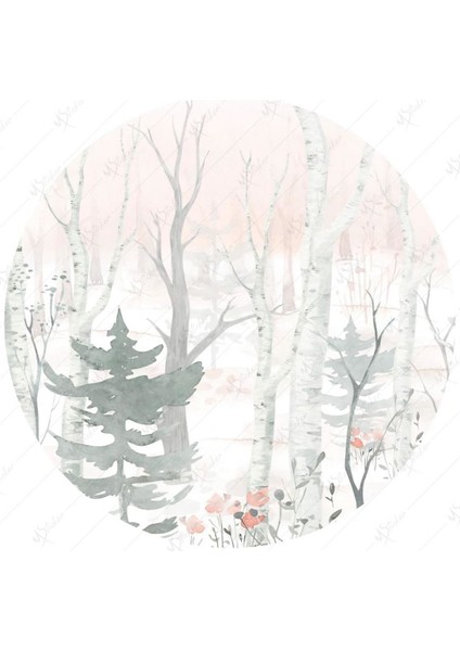 Yuvarlak Soft Renklerde Orman Manzaralı Duvar Sticker (95X95 Cm) modelleri