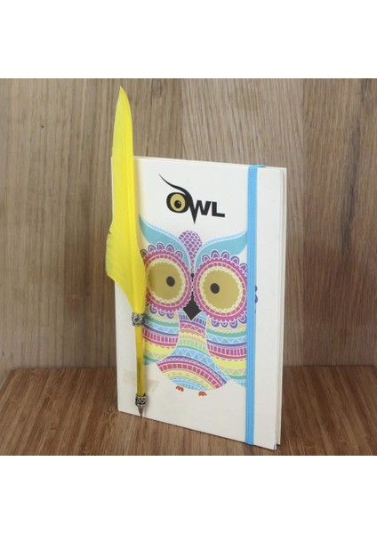 Baykuş Temalı Sert Kapak Lastikli Defter Tüylü Kalem Seti