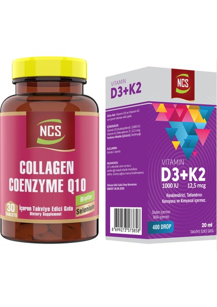 Collagen Kollajen Koenzim Coenzyme Q10 30 Tab+Vitamin D3 K2 20 ml
