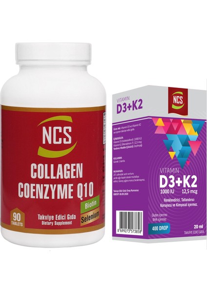 Collagen Kollajen Koenzim Coenzyme Q10 90 Tablet+Vitamin D3 K2 20 ml