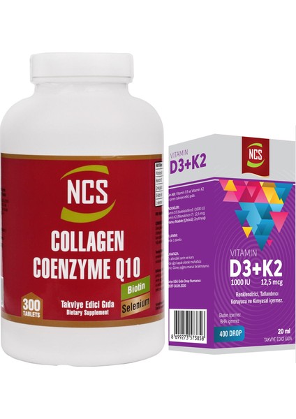 Collagen Kollajen Koenzim Coenzyme Q10 300 Tablet+Vitamin D3 K2 20 ml