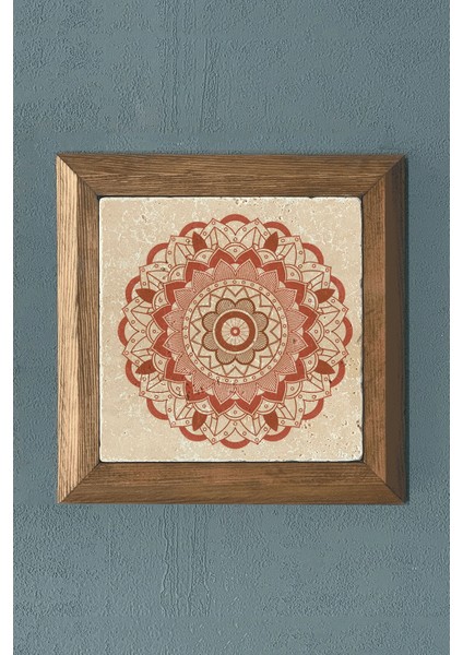 Oscar Stone Decor Yaşam Çiçeği Mandala Masif Ahşap Çerçeveli Taş Tablo -Duvar DEKORU-28X28 cm