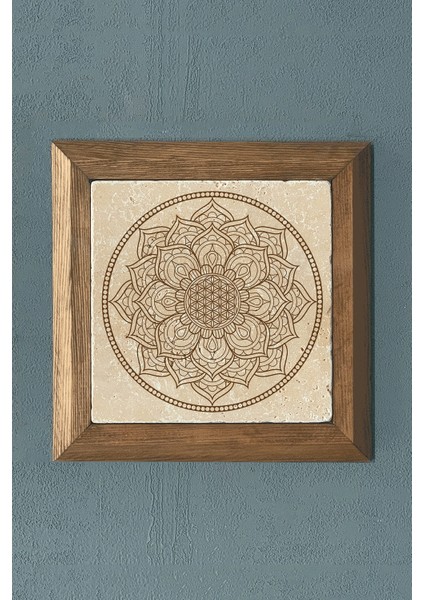 Decor Yaşam Çiçeği Mandala Masif Ahşap Çerçeveli Taş Tablo -Duvar DEKORU-28X28 cm