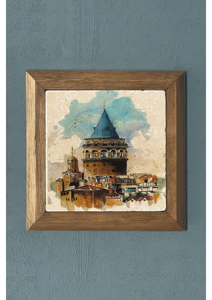 Galata Kulesi Masif Çerçeveli Taş Tablo-Wall Decor- Oscar Stone Decor 28X28 cm