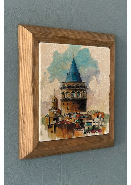 Galata Kulesi Masif Çerçeveli Taş Tablo-Wall Decor- Oscar Stone Decor 28X28 cm