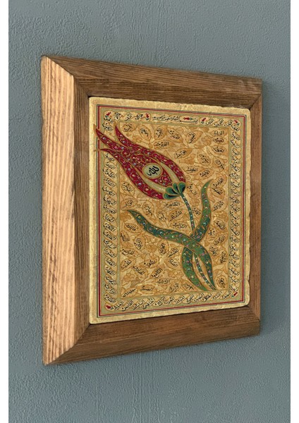Lale Temalı Masif Çerçeveli Taş Tablo-Duvar Dekoru- Oscar Stone Decor 28X28 cm