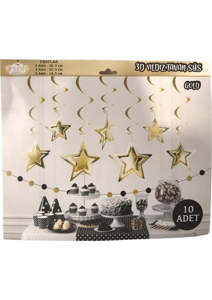 3D Gold Yıldız Tavan Süs 10'lu