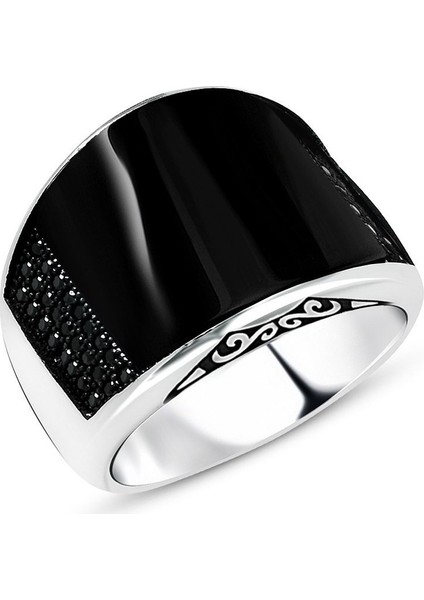 Zirkon Taş İşlemeliSiyah Bombeli Oniks Taşlı 925 Ayar Gümüş Erkek Yüzük modelleri