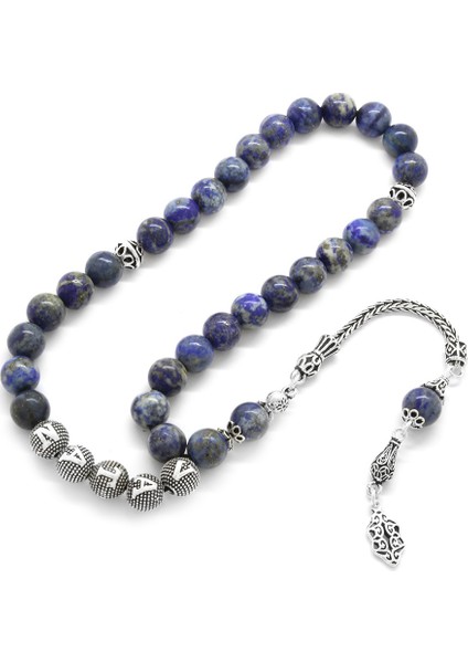 925 Ayar Gümüş Püsküllü Küre Kesim Isim Yazılı Hareli Mavi Lapis Doğaltaş Tesbih fiyatları