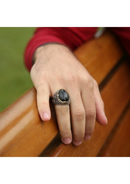 Vav Işlemeli Siyah Oniks Taşlı 925 Ayar Gümüş Erkek Yüzük indirimleri