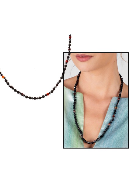 Makrome Örgülü Oniks-Akik-Hematit Kombinli Doğaltaş Kadın Kolye